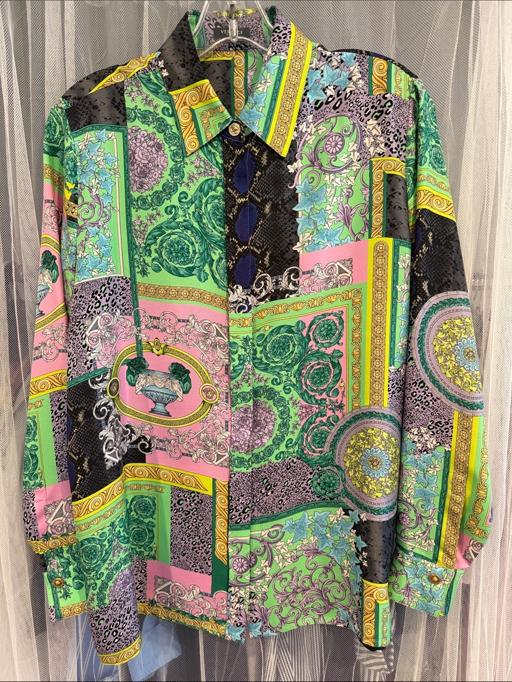 Versace Multicolor Silk Baroque Print Shirt — Green Pink Purple Black, Size IT40